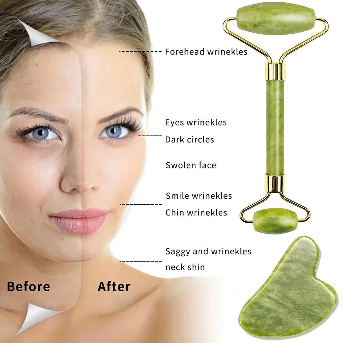 Facial Beauty - Pack Of Jade Face Roller & Gua Sha